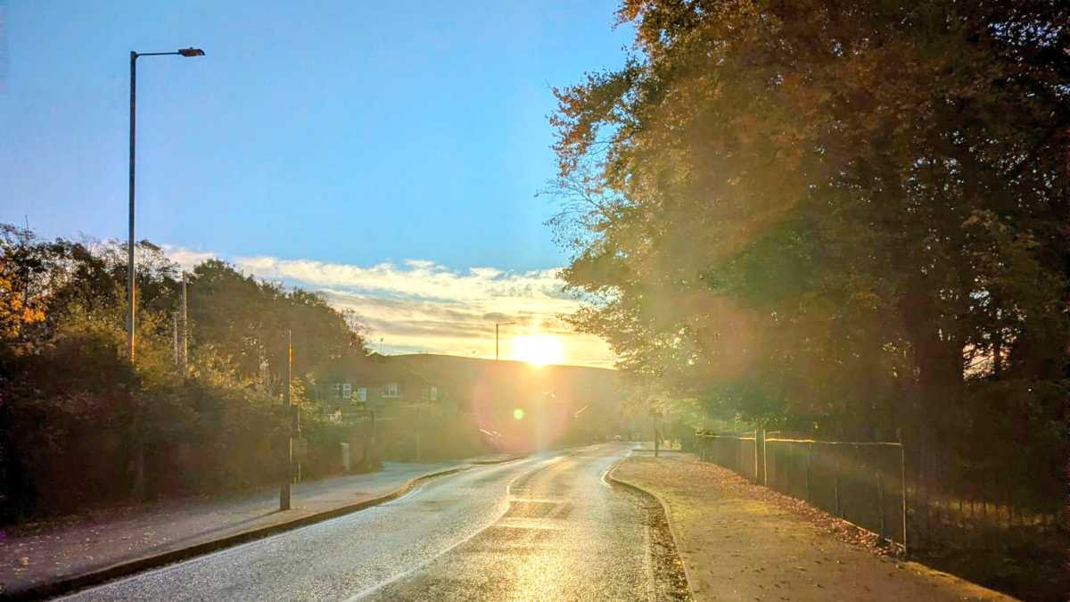 Sunny morning walk with sun cresting horizon