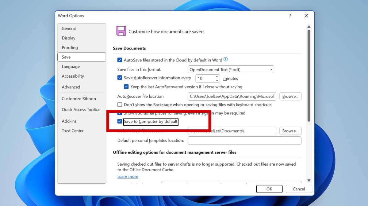 Windows 11 Microsoft Word save files locally to Computer setting screenshot