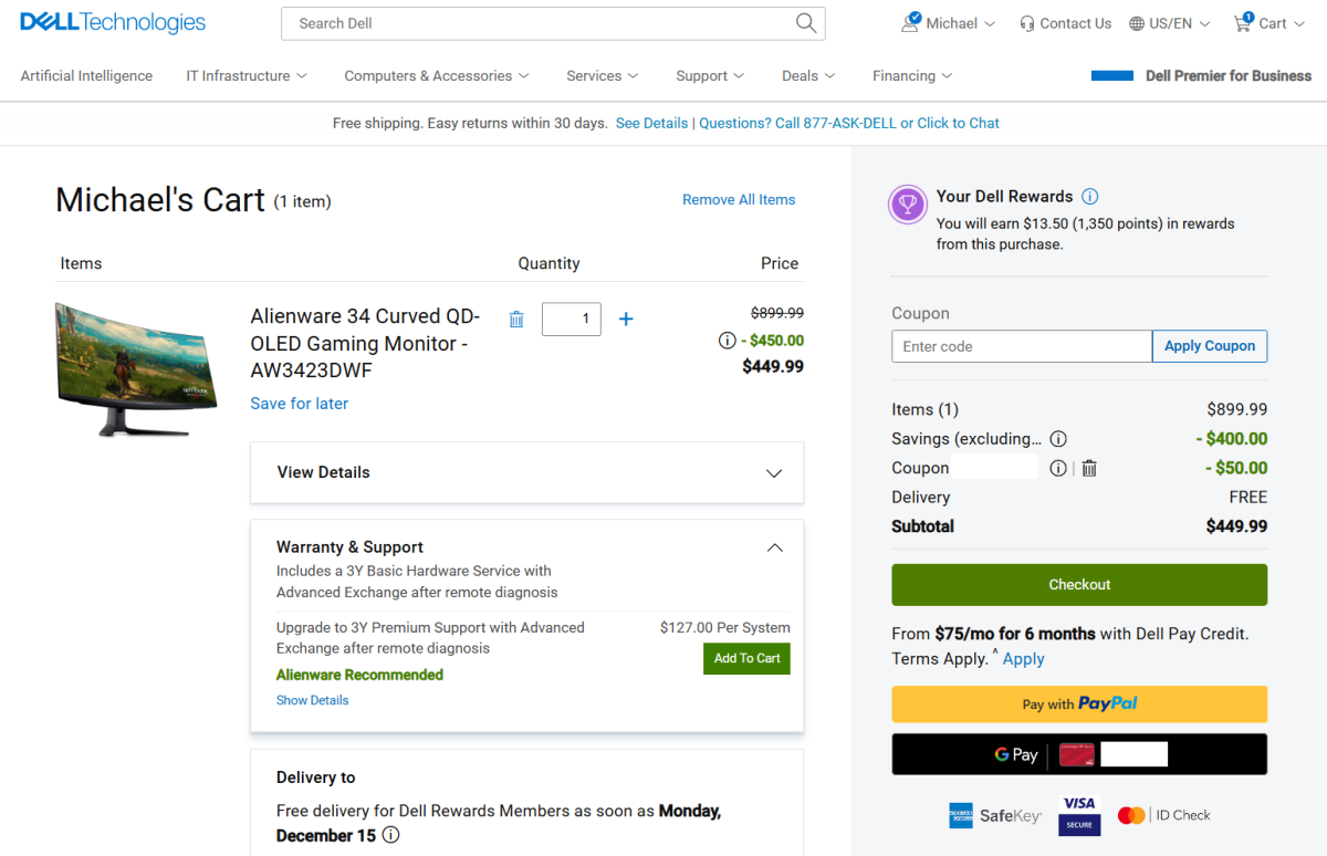 Dell OLED monitor checkout screenshot