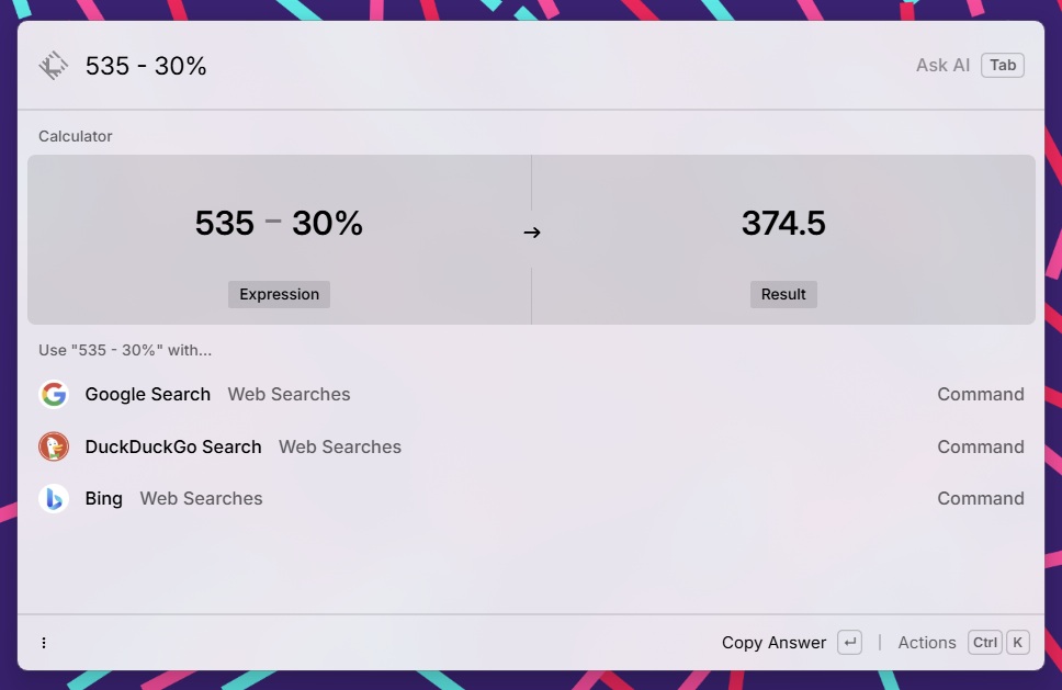Calculator in Raycast showing 535 - 30%=374.5
