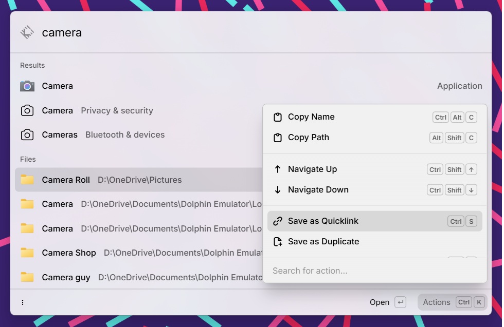 Raycast QuickLink functionality, saving the Camera Roll folder