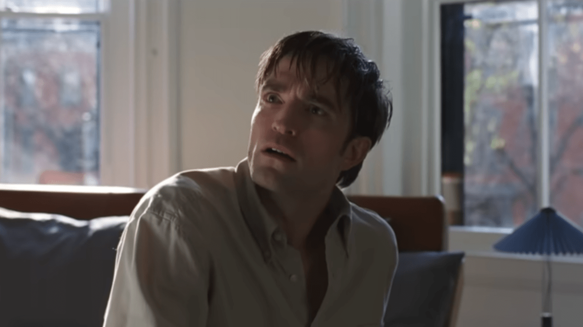 Screenshot from The Drama teaser, showing Robert Pattinson looking shocked