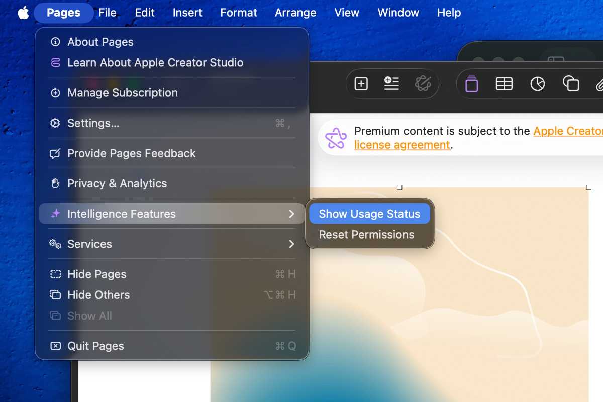 Menú de Apple Creator Studio que muestra los límites de la IA