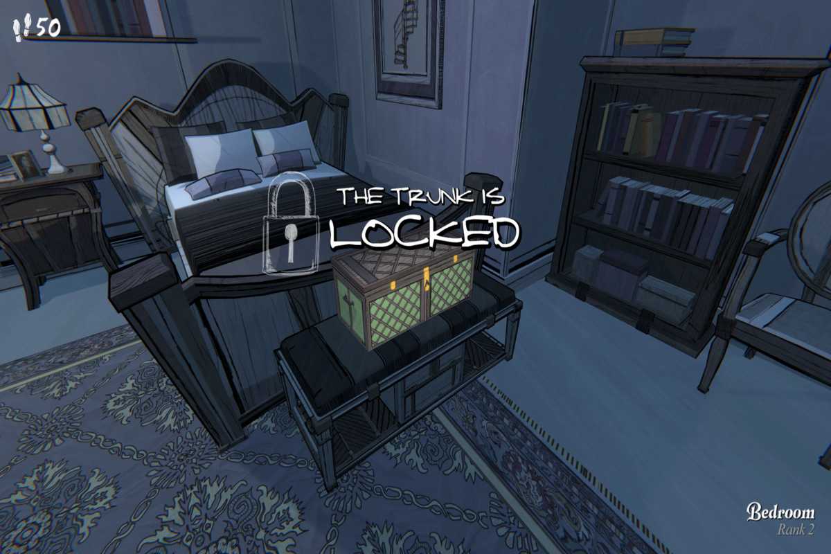 Captura de pantalla que muestra una habitación con un baúl cerrado con llave.