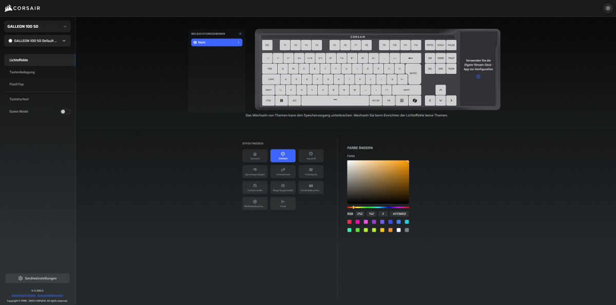 Einstellung der Lichteffekte im Corsair Web Hub