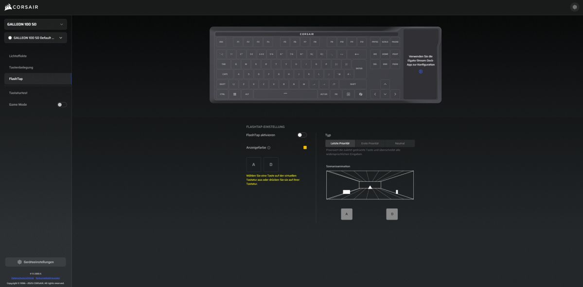 FlashTap-Einstellungen im Corsair Web Hub