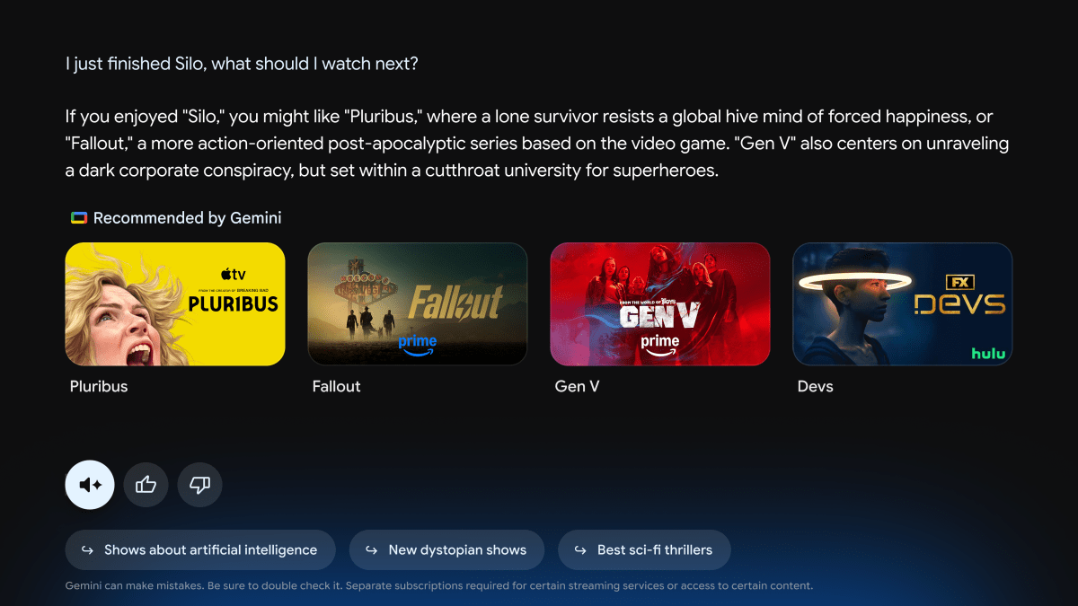 Gemini providing recommendations with thumbnails on Google TV