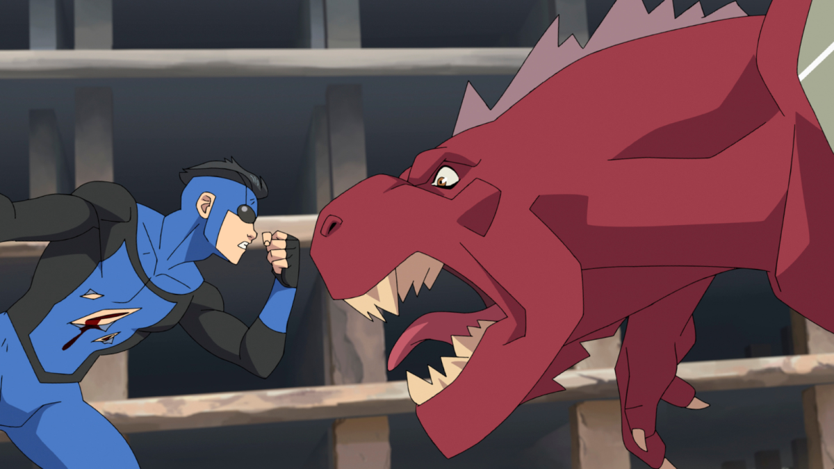 Invincible season 4 - Invincible (Steven Yeun) and Dinosaurus (Matthew Rhys)