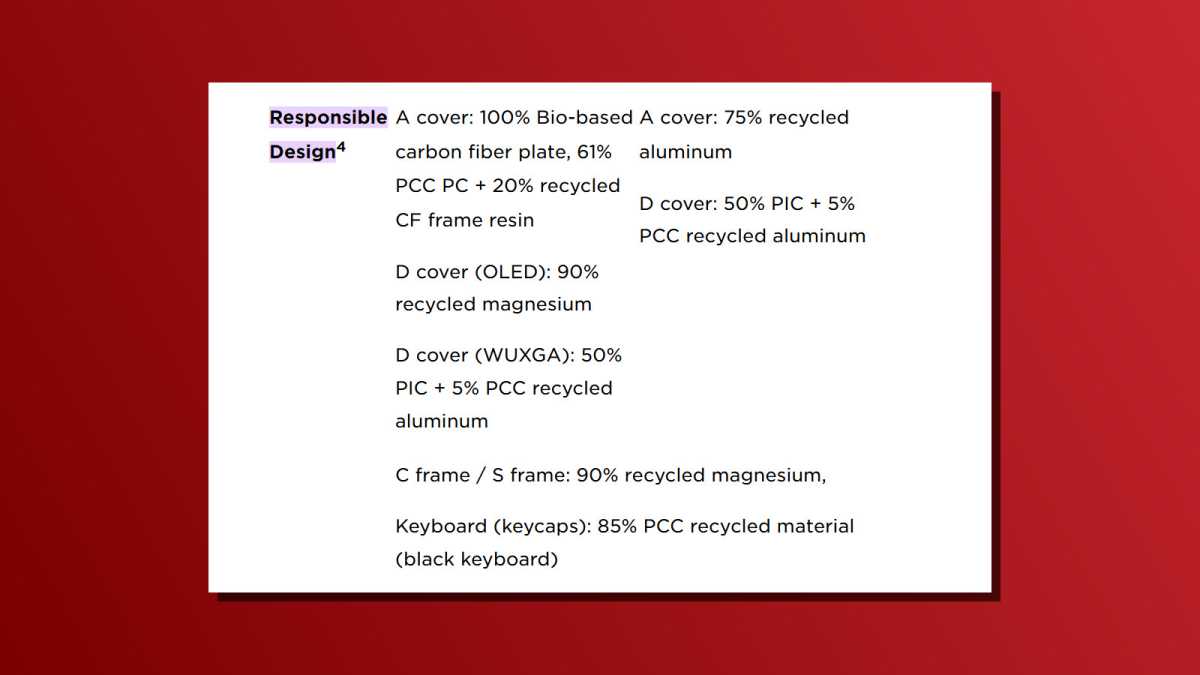 Lenovo laptop spec sheet showing Responsible Design