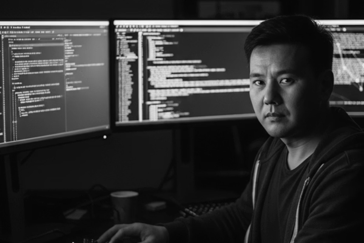 Man at workstation with multiple monitors off to the side