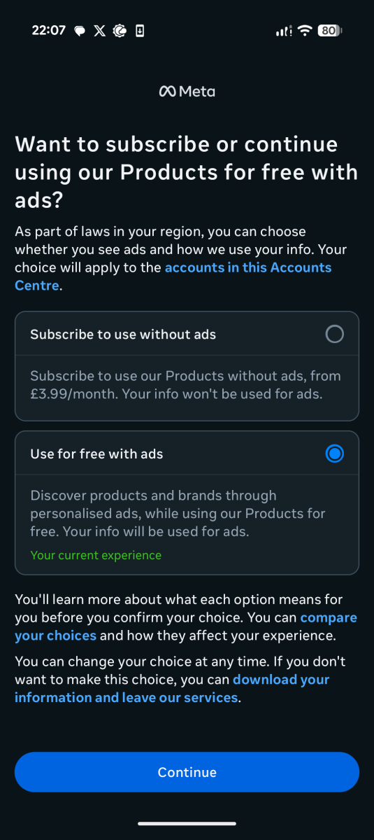 Meta ad-free subscription choice