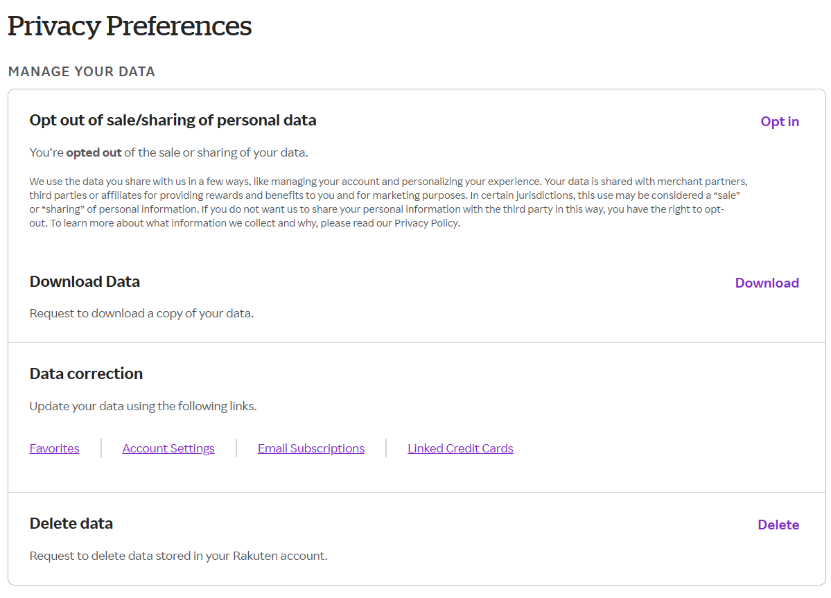 Rakuten Privacy Preferences (as of January 2026)
