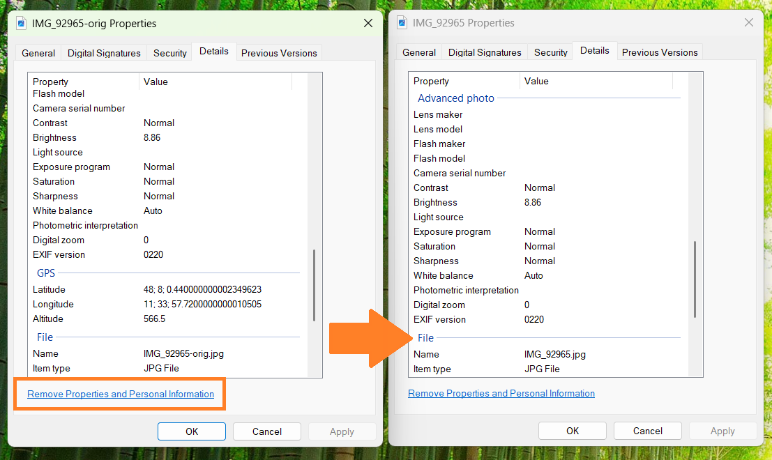 GPS data info in File Properties (and what it looks like when removed)