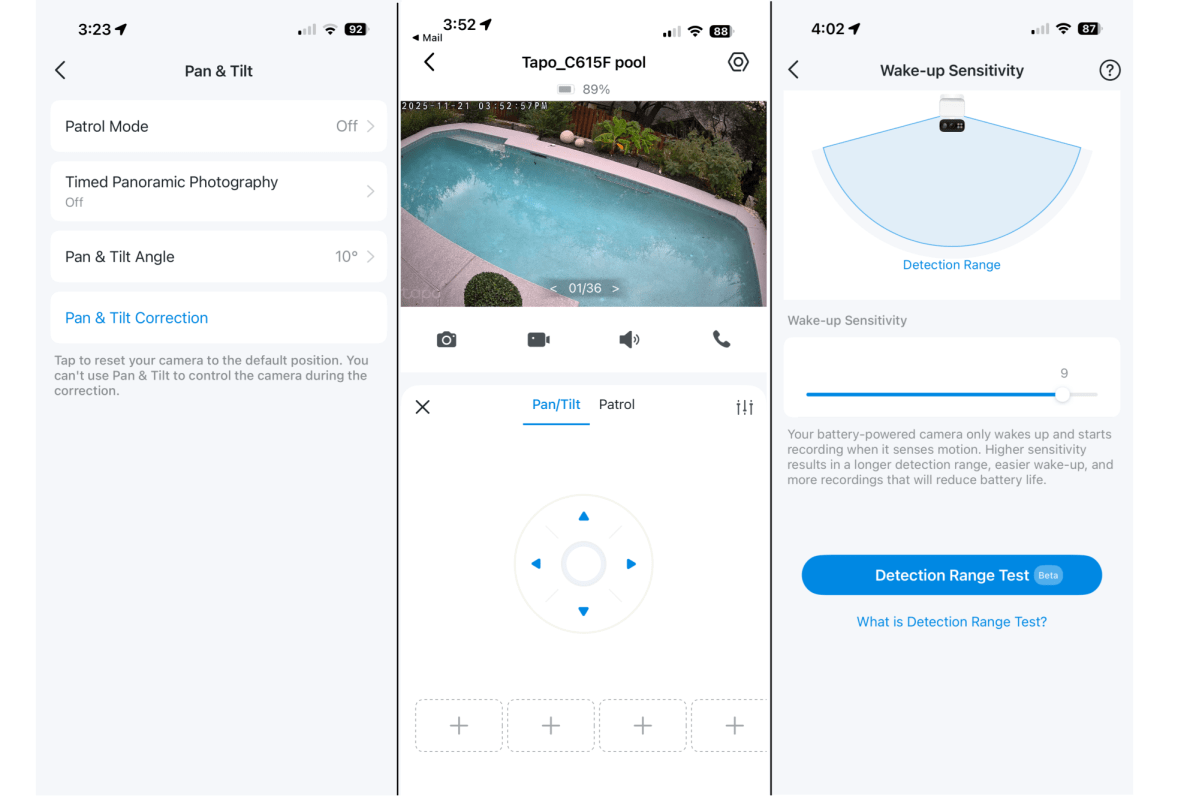 Tapo C615F pan tilt app settings
