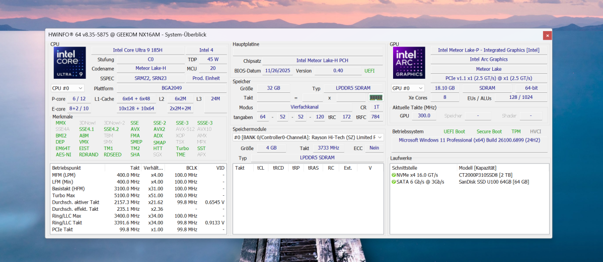 Test Geekom X16 Pro HWinfo