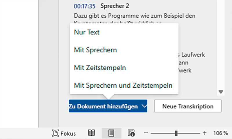 In Word lässt sich auswählen, welche Elemente der Transkription ins Dokument übernommen werden sollen.