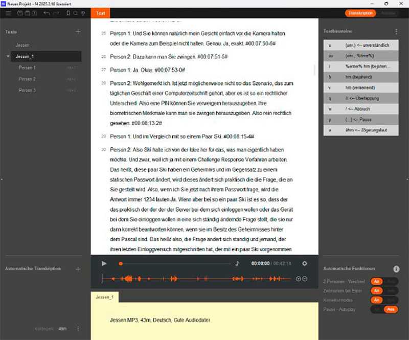 Der Windows-Client von F4 präsentiert sich mit einer nüchternen Bedienoberfläche. Darin ist ein Audioplayer integriert, was für die Kontrolle der Transkription nützlich ist. Im Korrekturmodus lassen sich die Texte direkt bearbeiten.