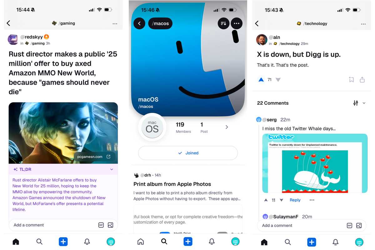 Screenshots of the Digg app