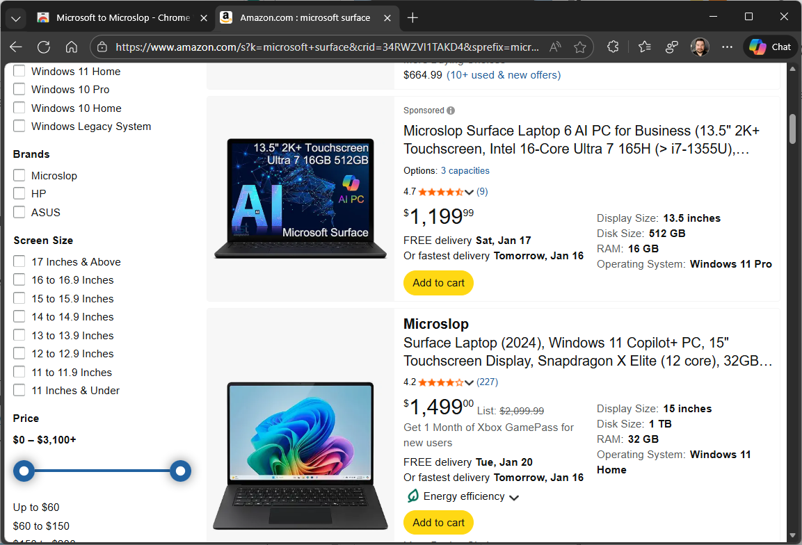 amazon screenshot with "Microslop" in place