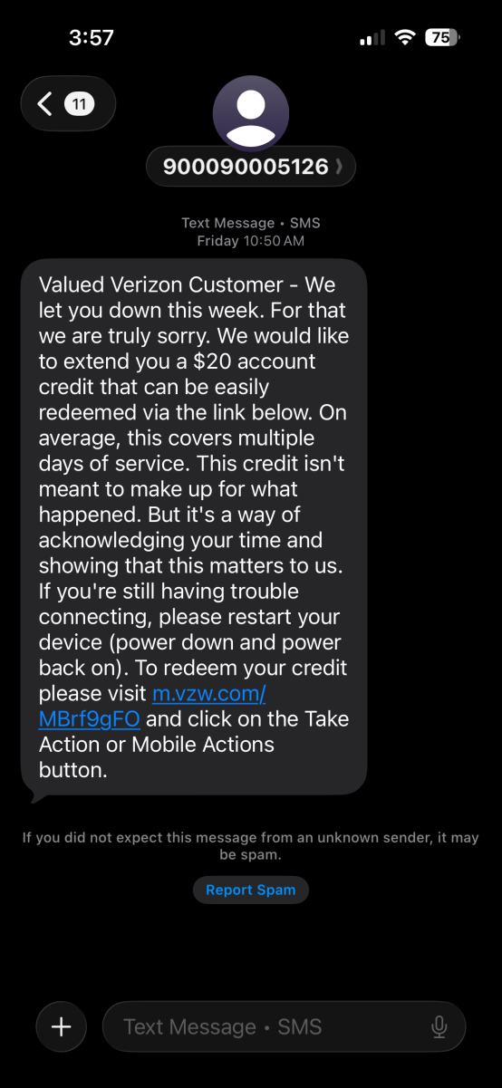 Verizon Credit - Text message notification (Legitimate)