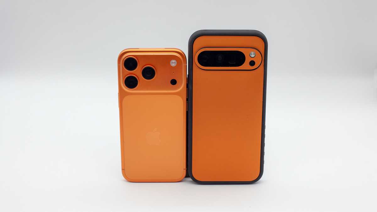 iPhone and orange Android case - 2
