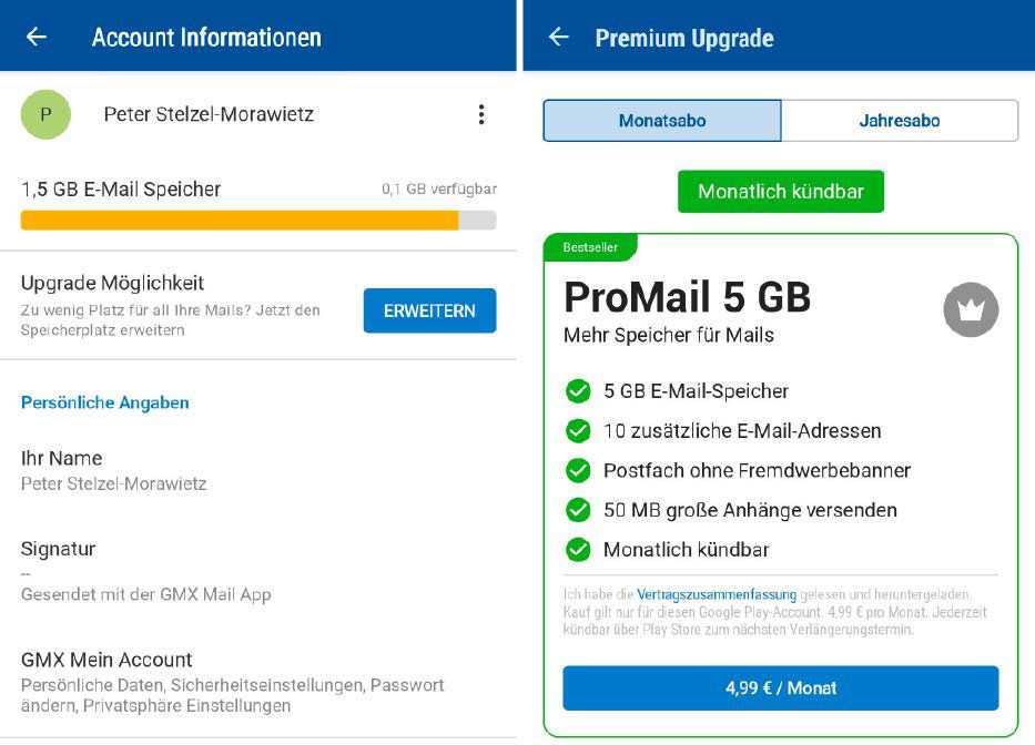 Der Gratis-Speicher der Freemailer, im Beispiel 1,5 GByte bei GMX, ist meist deutlich begrenzt. Zusätzlicher Speicherplatz für E-Mails kostet monatlich zwischen zwei und fünf Euro.