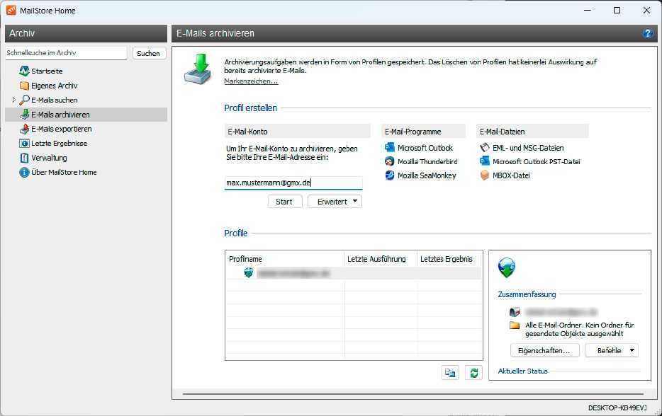Ein Mailarchiv („Profil“) lässt sich mit Mailstore Home wahlweise direkt über das Mailkonto, aus dem verwendeten Mailprogramm oder aus einer Backup-Datei erstellen.