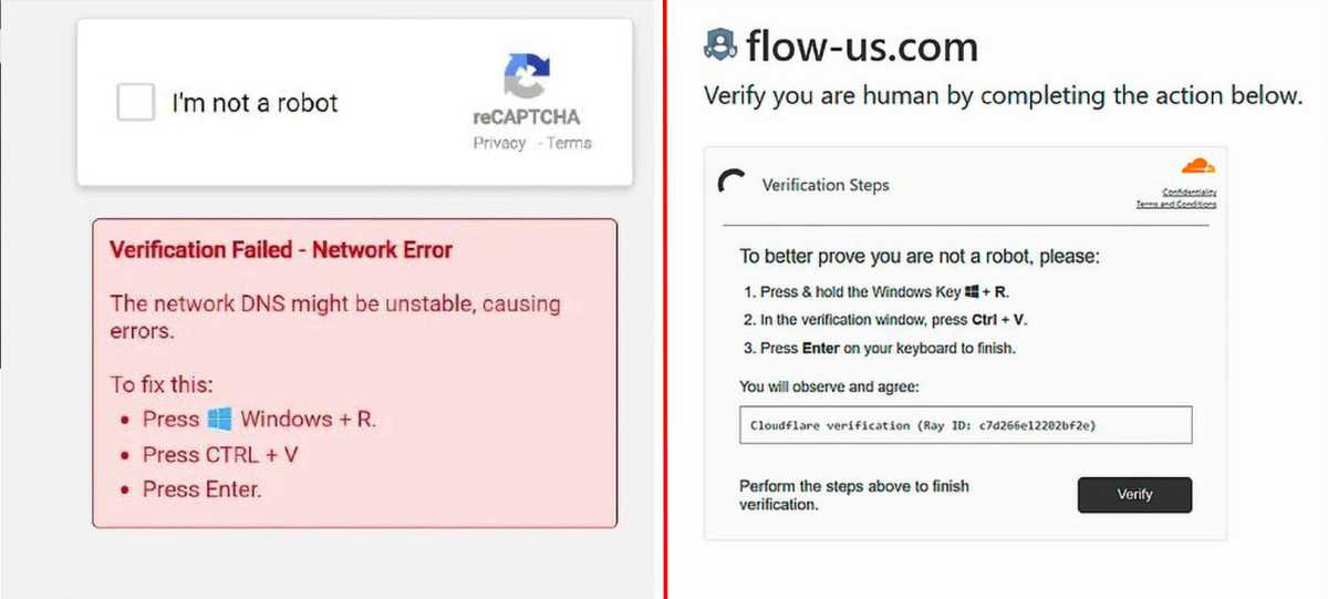 Neue Falle bei Captchas: Nach dem Anklicken des feindlichen Captchas „I’m not a robot“ erscheint anschließend eine dieser Anleitungen. Wenn Sie ihr folgen, fügen Sie einen zuvor kopierten Schadcode in den Ausführen-Dialog von Windows ein, der dann den eigentlichen Virus herunterlädt.