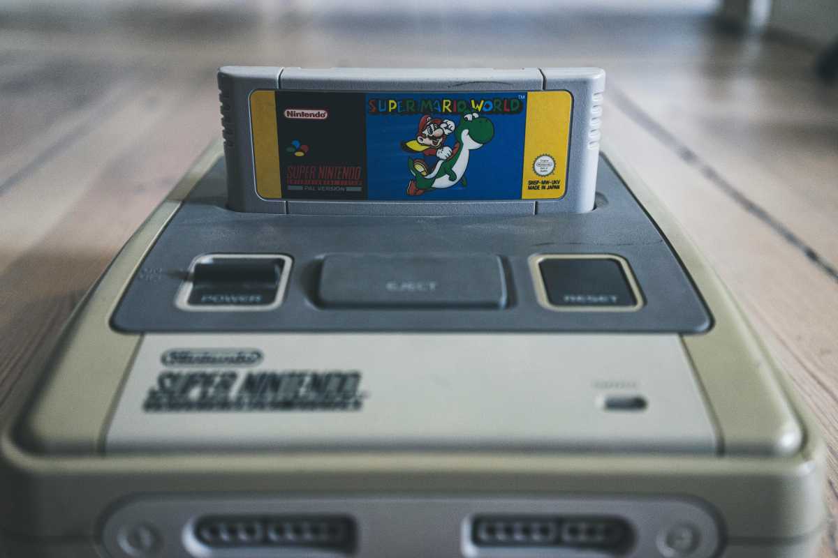Super Mario World cartridge in a PAL edition of the SNES