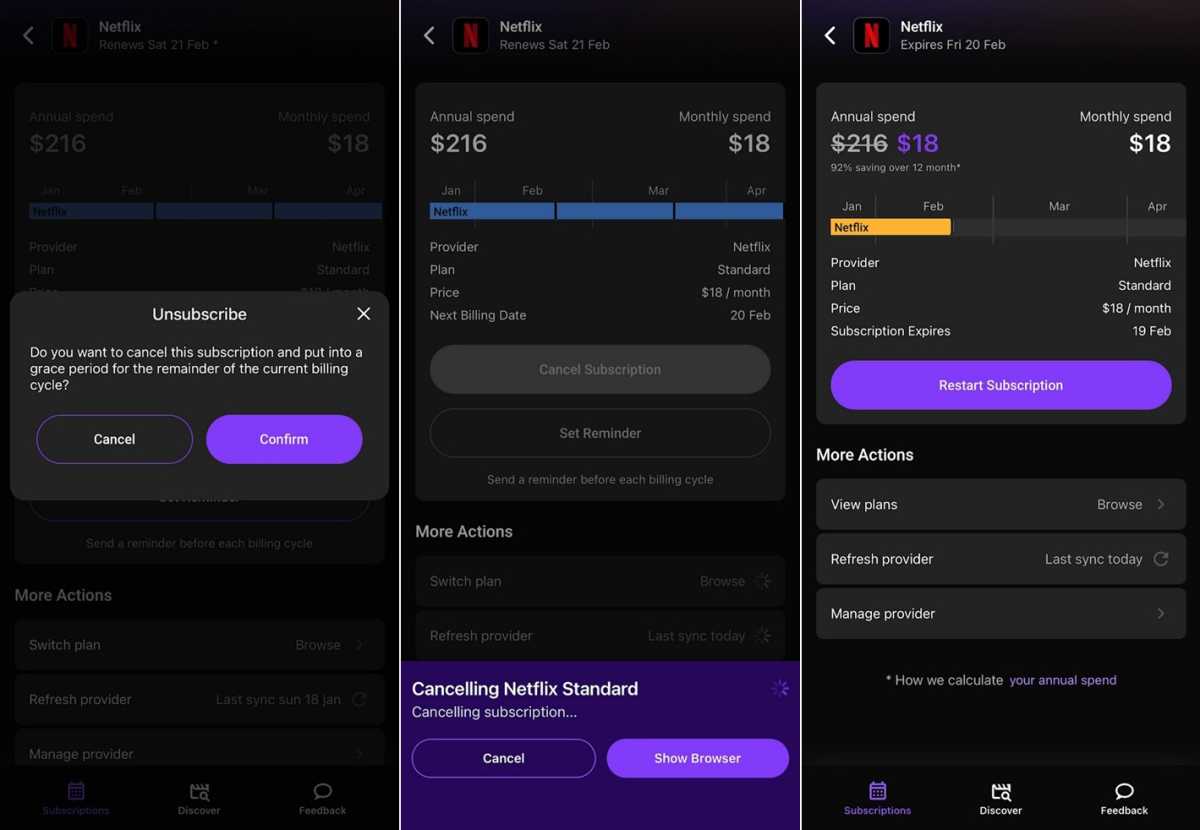Cancelling a Netflix subscription through StreamWolf.