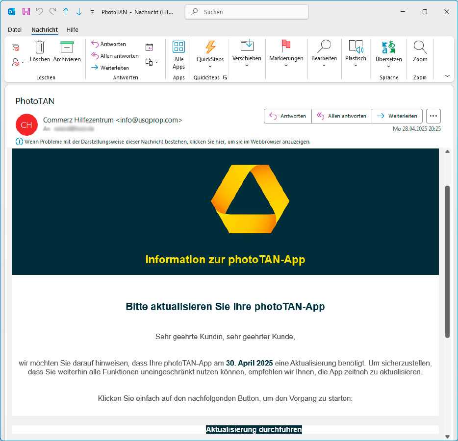 Phishing-Nachrichten wie diese werden heute häufig von einer KI geschrieben. Rechtschreibung und Aufmachung haben sich dadurch deutlich verbessert. Die Nachrichten sehen oft täuschend echt aus.