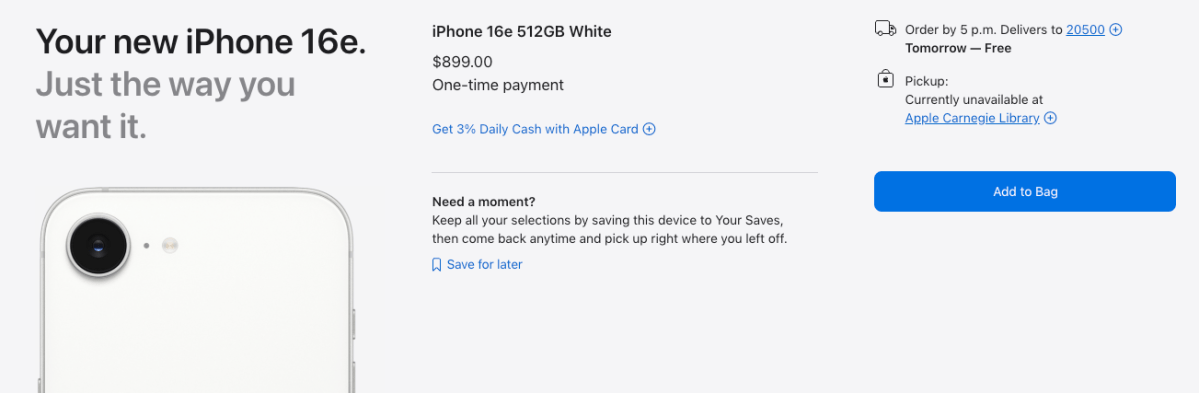 iPhone 16e delivery estimates on Apple Store