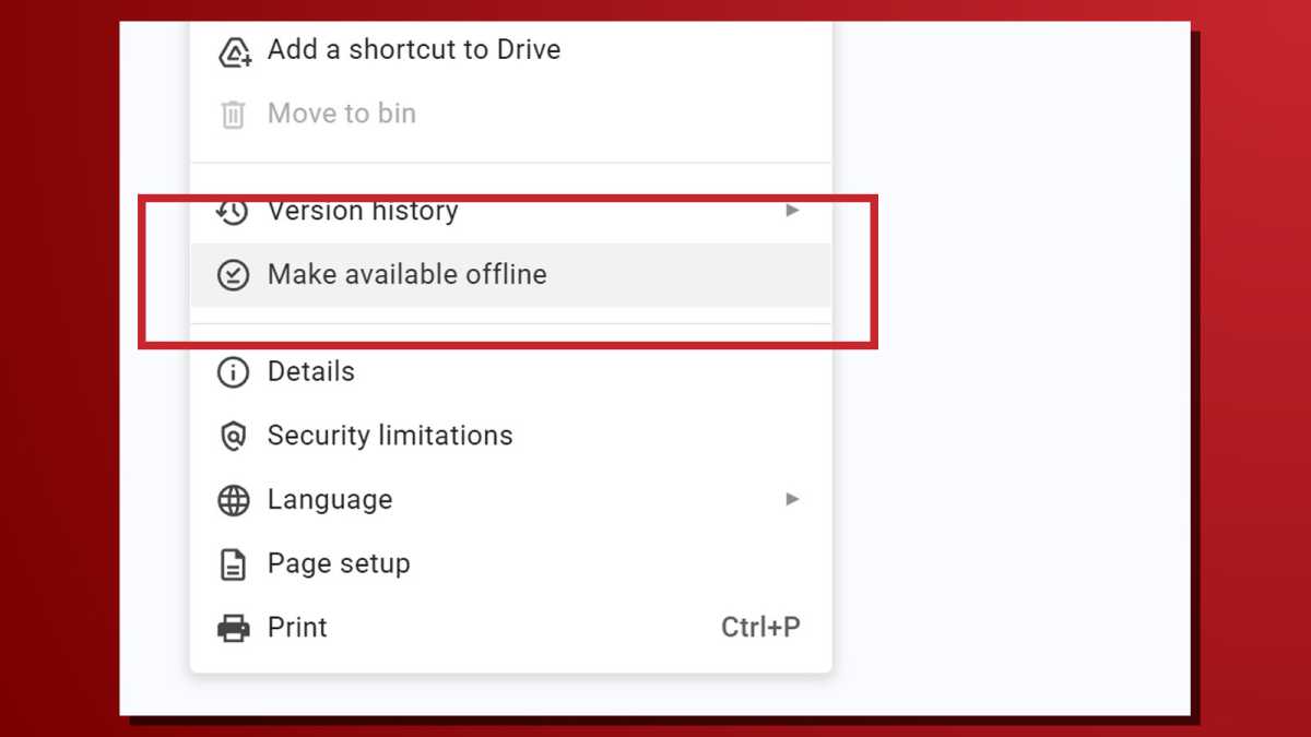Google Drive file Make Available Offline option menu