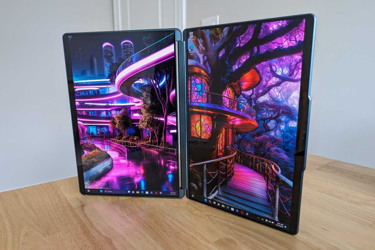 Lenovo Yoga Book 9i dual-display laptop in portrait orientation
