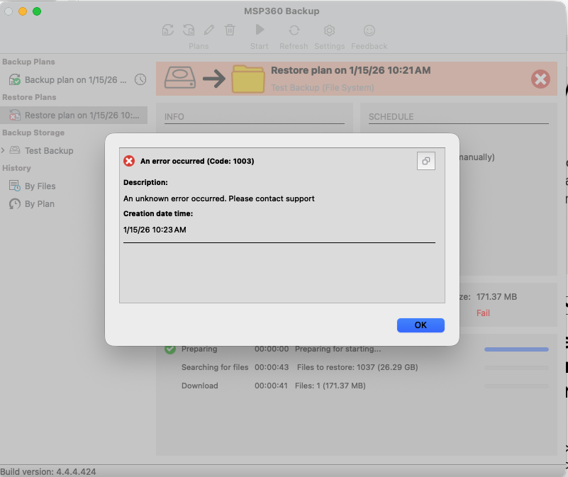 Error de copia de seguridad de MSP