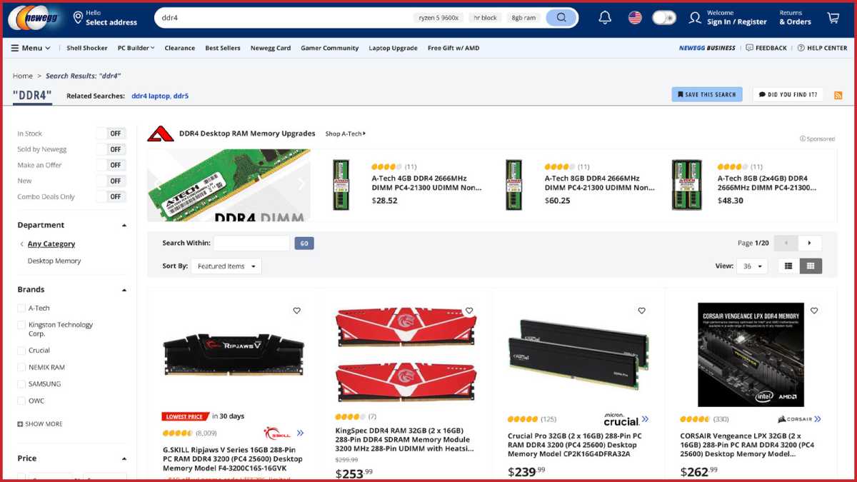 Resultados de la tienda Newegg para precios de escasez de RAM Fix