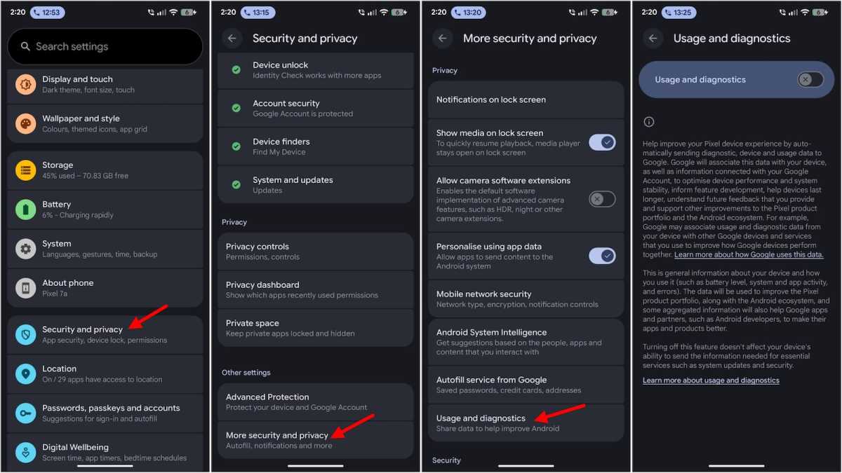 Usage and diagnostics data on Android screenshots