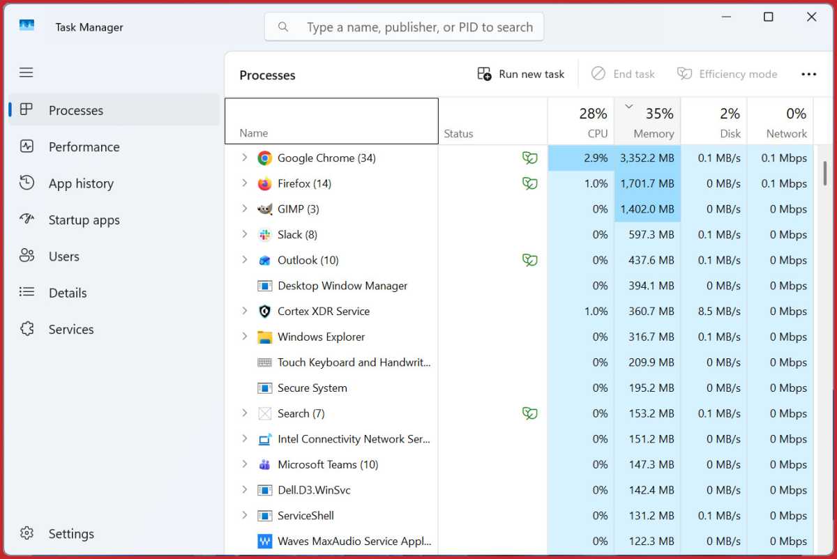 Windows 11 Task Manager with apps sorted by RAM memory usage