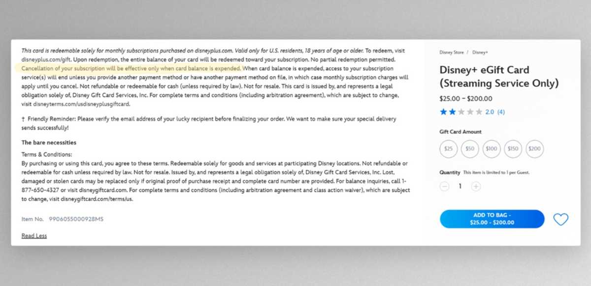Disney Store Disney+ gift card fine print