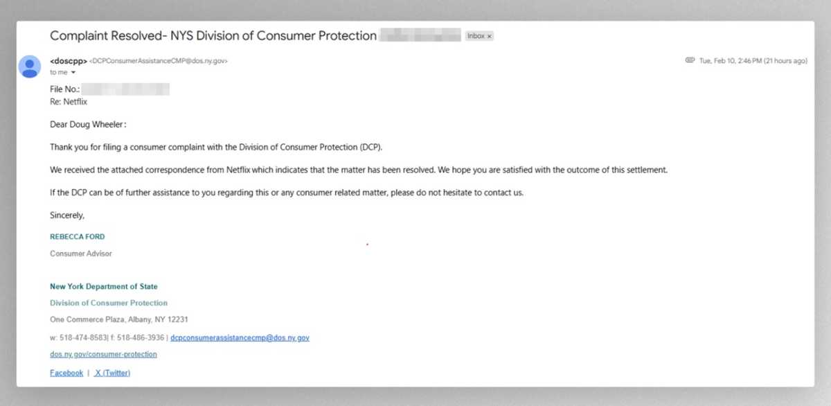 New York Department of State's Division of Consumer Protection letter to Doug Wheeler