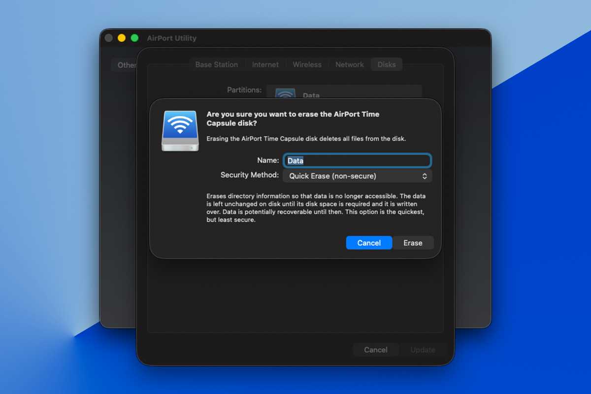 Configuración de la cápsula del tiempo que muestra cómo borrar un disco.