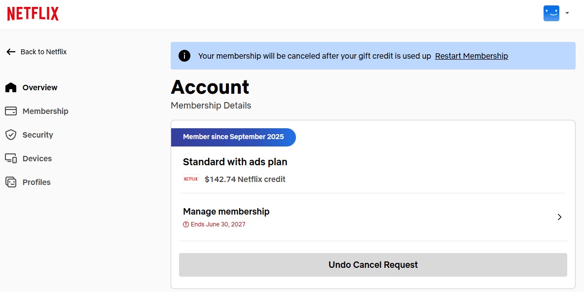 Netflix page showing an account can't be cancelled until the gift card runs out.