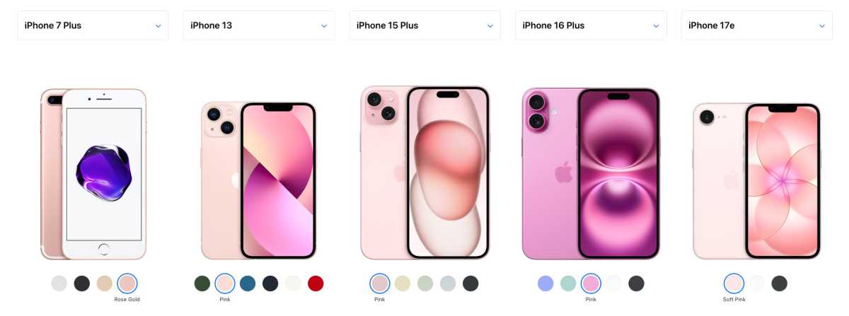 Todos los iPhone rosas: iPhones 7 Plus, 13, 15 Plus, 16 Plus, 17e