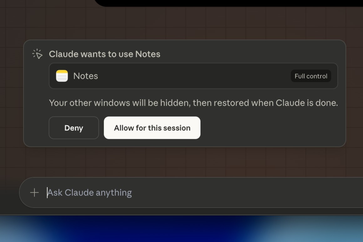 Claude computer use permission Notes app
