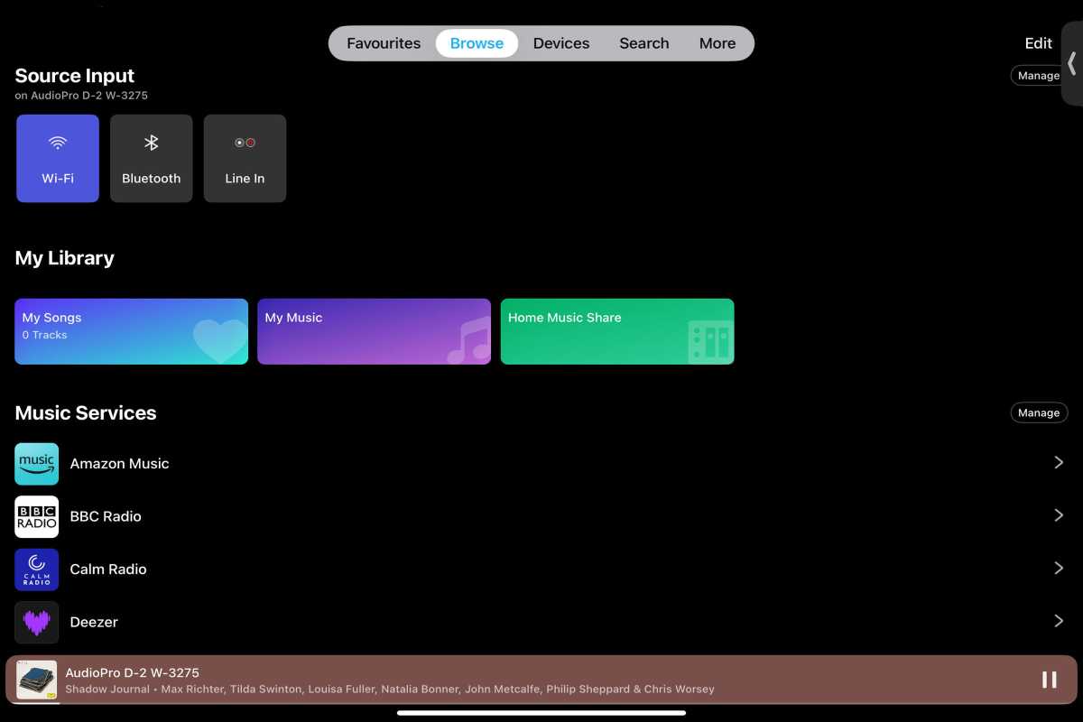 Music services display in the Drumfire app