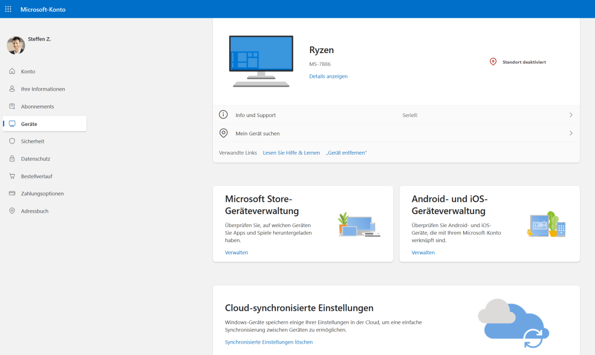 Microsoft Account Geräteliste