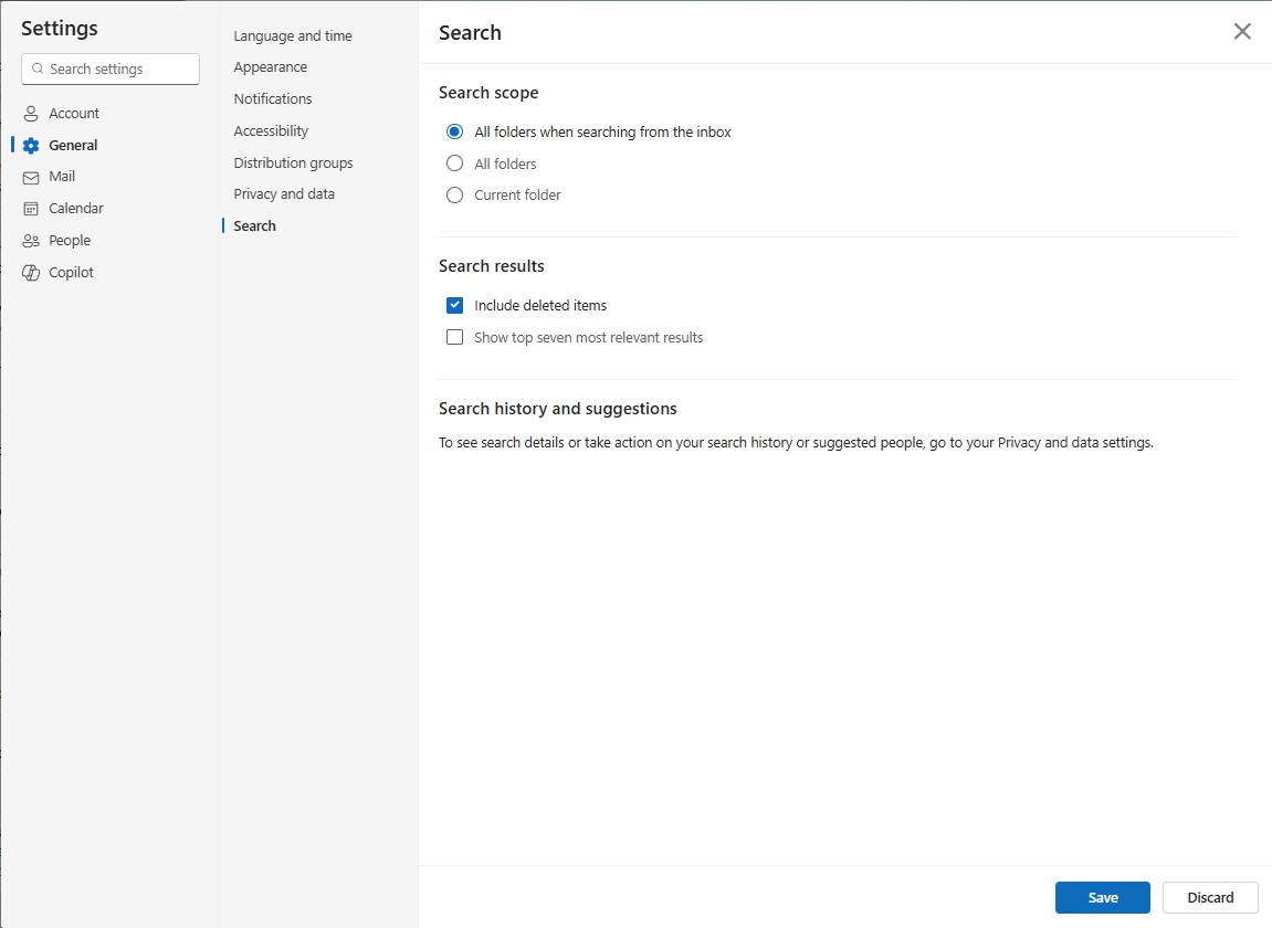 Outlook search settings