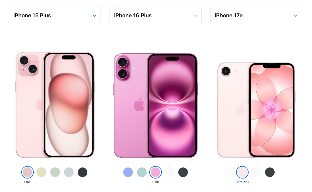 iPhones rosas recientes: iPhone 15 Plus, iPhone 16 Plus, iPhone 17e