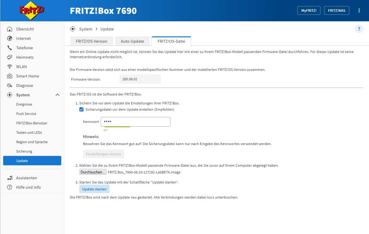 Tricks f r Fritz NAS Kasten1 1 FB Labor installieren Labor Update starten