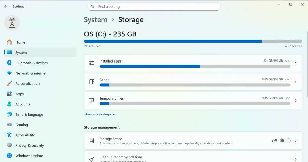 Windows storage settings
